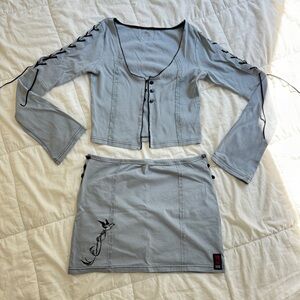 Korean brand called “Gangyoung” Grey and black embroidered skirt and top set